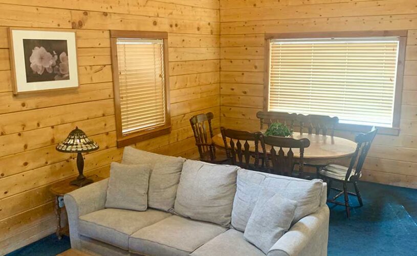 shady oak cabin couch and dining table in eureka springs