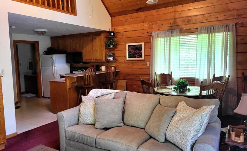 couch in whispering pines cabin at enchanted forest resort