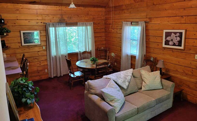 living area in the whispering pines cabin at enchanted forest resort